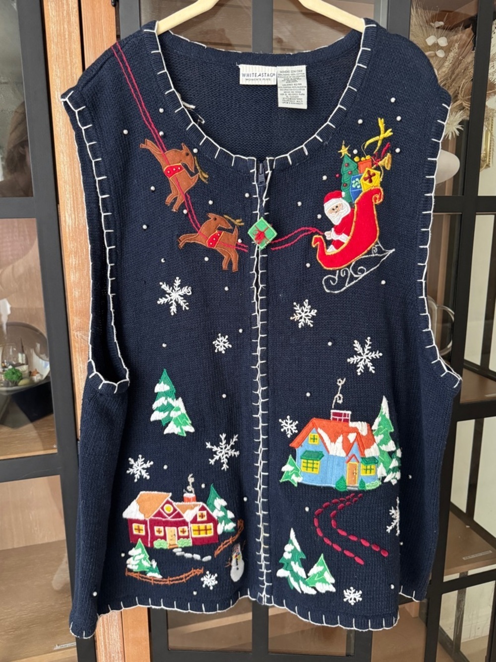 Vintage Christmas Sweater Vest Plus size Santa Sleigh Knit embroidered whimsical